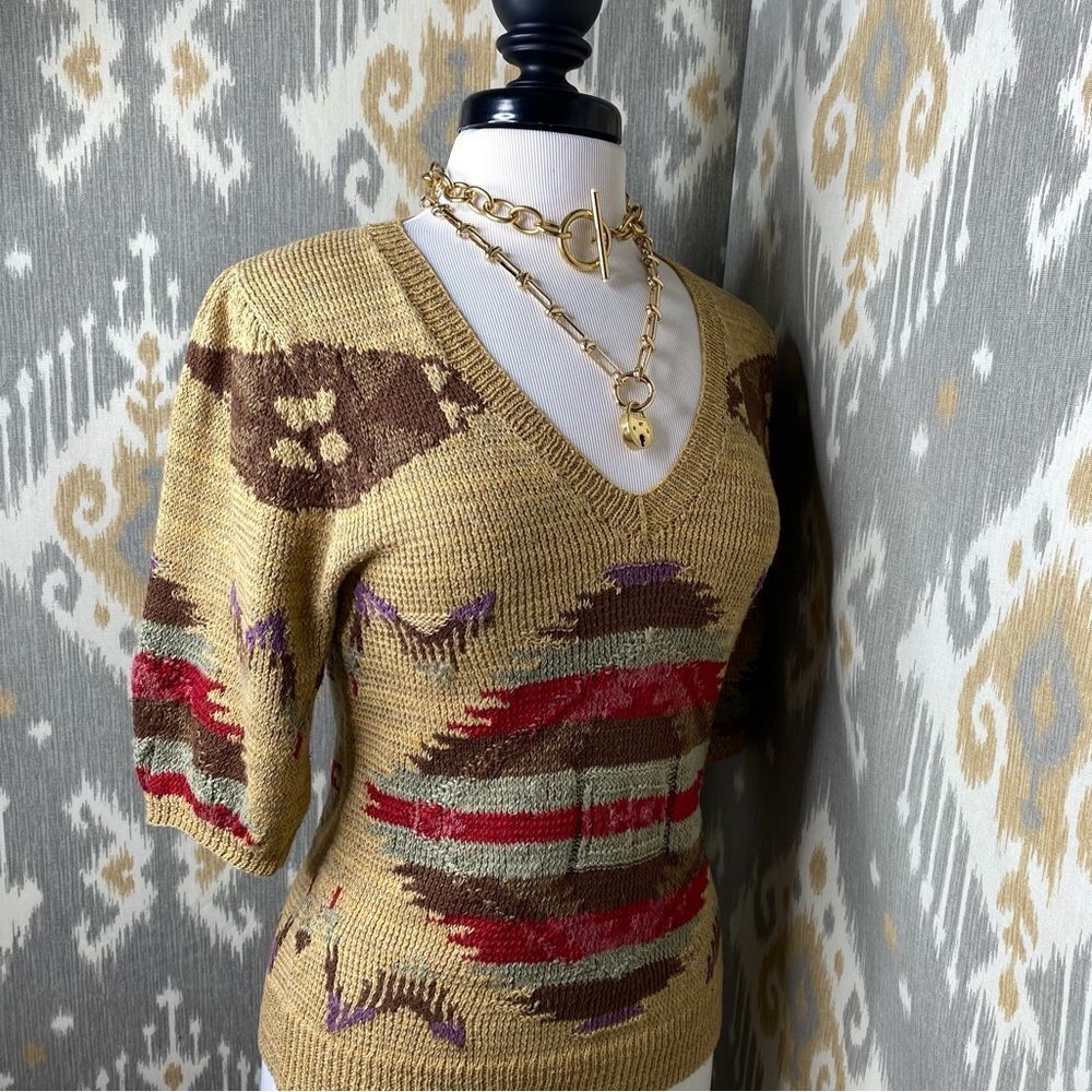 Ralph Lauren Tan Multi Southwest Aztec Hand-Knit Linen Silk V-Neck S/S Sweater - Picture 10 of 16